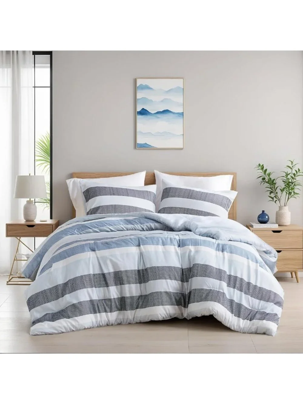Navy Blue Striped Comforter Set - 3 Piece Full/Queen Bedding, Soft & Reversible